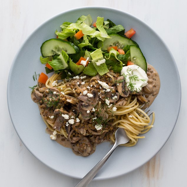 Creamy Lentil and Mushroom Stroganoff with Spaghetti and Crunchy Salad