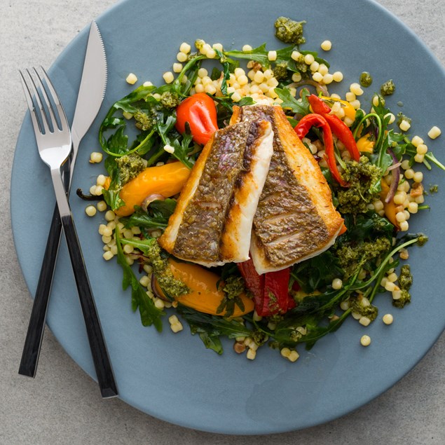 Crispy Fish with Pepperonata, Fregola and Salsa Verde