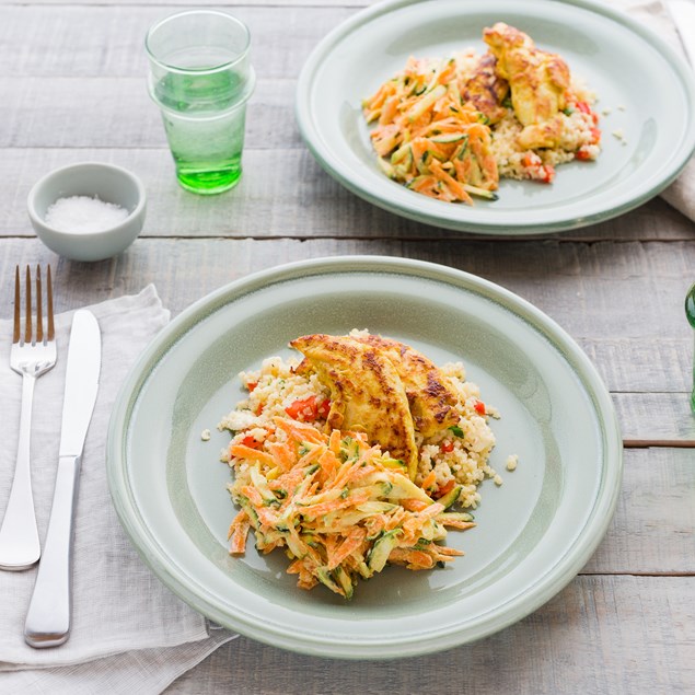 Indian Chicken Tenders with Lemon Bulgur and Yoghurt Slaw