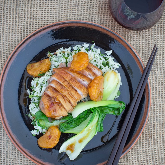 Soy and Mandarin-Glazed Duck with Spinach Rice and Bok Choy