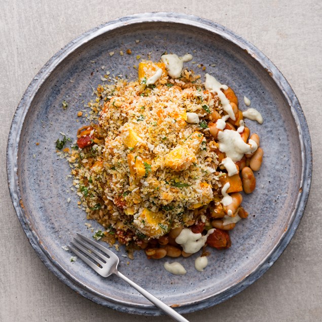 Tomato and White Bean Casserole  with Roast Pumpkin Pangrattato  