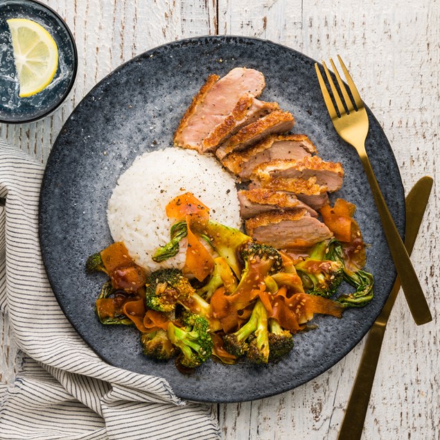 Sesame Crumbed Pork with Veggies & Sticky Korean Sauce