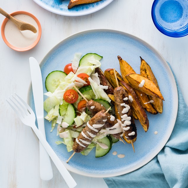 Beef Lollipops with Kumara Wedges and Salad