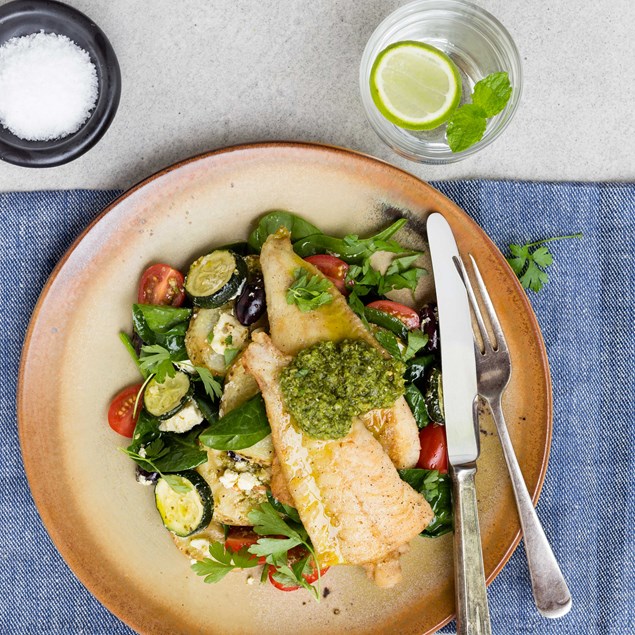 Pan-Fried Fish with Roast Potato Salad and Salsa Verde
