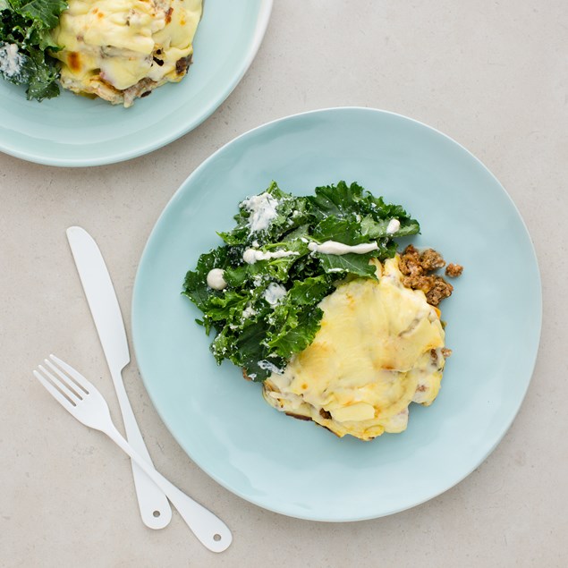 Lamb and Pumpkin Moussaka with Almond and Feta Salad