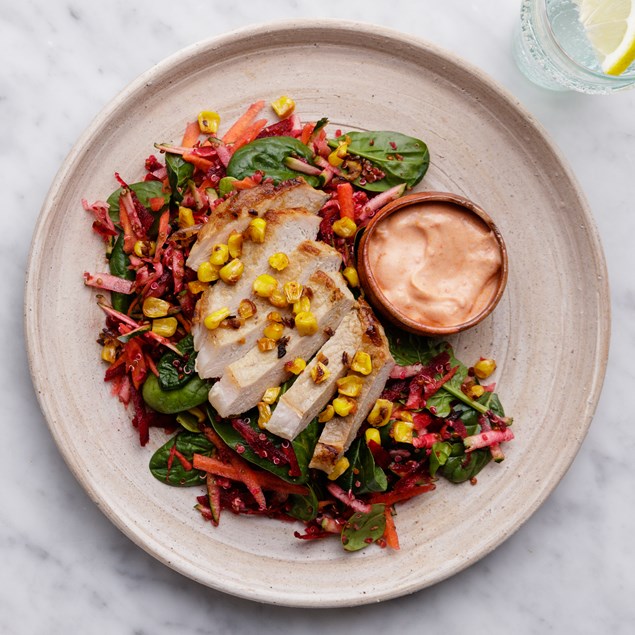 Pork and Pebre Yoghurt with Quinoa Super Salad and Charred Corn