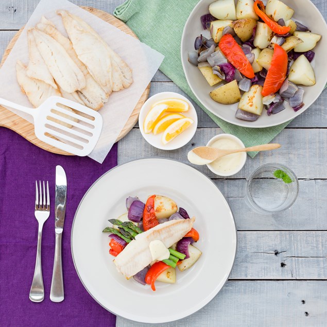 Pan-Fried Fish with Roast Vegetables and Hollandaise