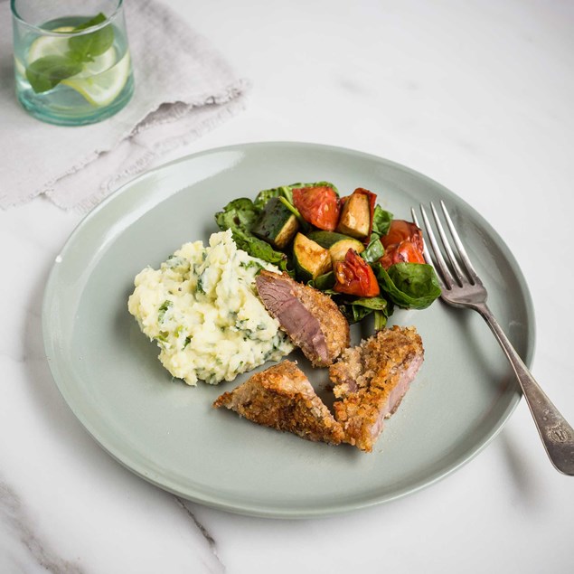 Crumbed Lamb Steaks with Potato, Spinach and Sour Cream Mash with Balsamic Veggies