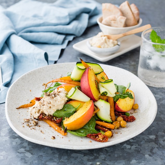 Dukkah Roasted Peach Salad with Chunky Hummus and Pita Bread