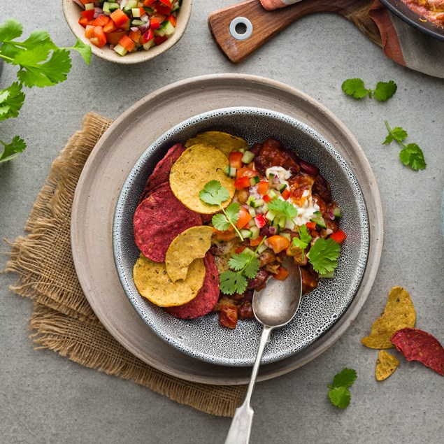 Veggie Nachos with Corn and Beetroot Tortilla Chips