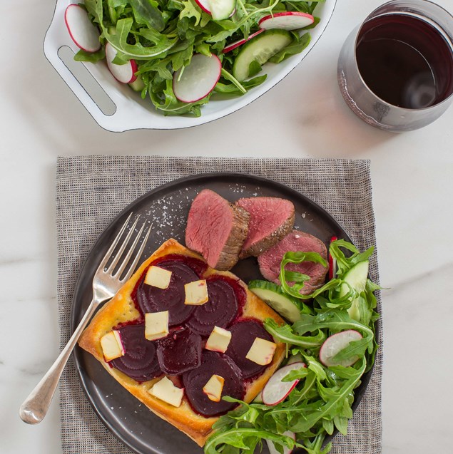 Beetroot Feta Tart with Seared Venison and Rocket Salad