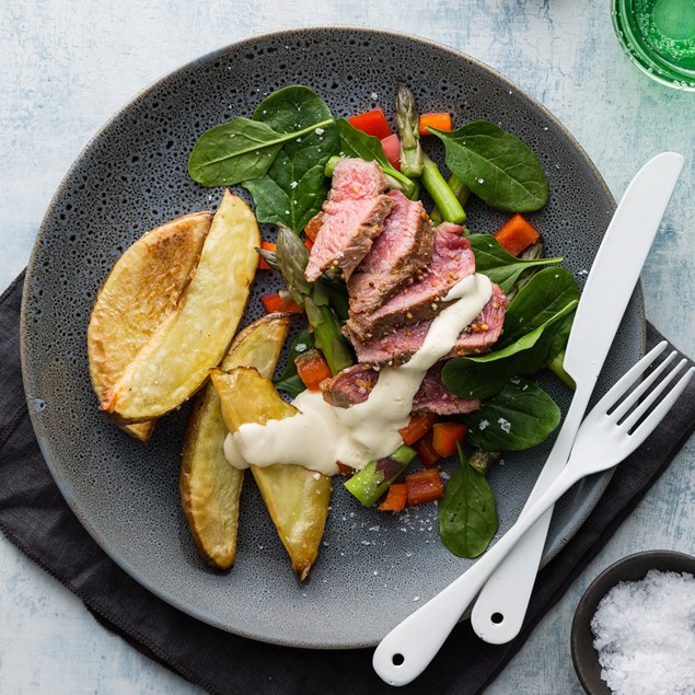 Za’atar Lamb Steaks with Potato Wedges and Asparagus