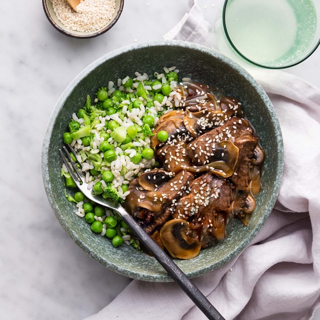 Black Bean Beef with brown rice salad