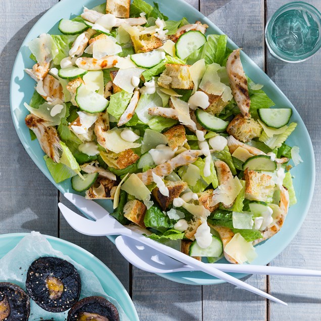 Chicken Caesar Salad with Focaccia Croutons and Mushrooms