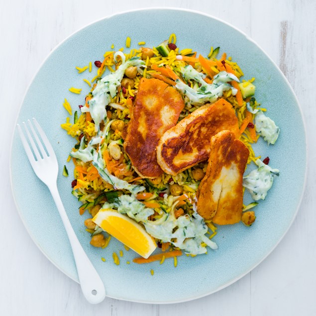Grilled Halloumi with Rice Salad and Cucumber Yoghurt