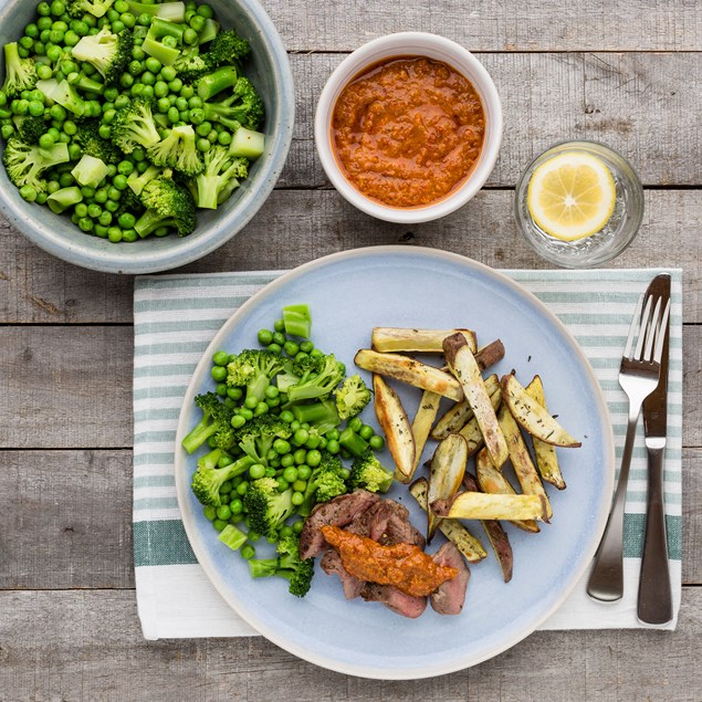 Rosemary Lamb with Kumara Chips and Sundried Tomato Pesto Mayo