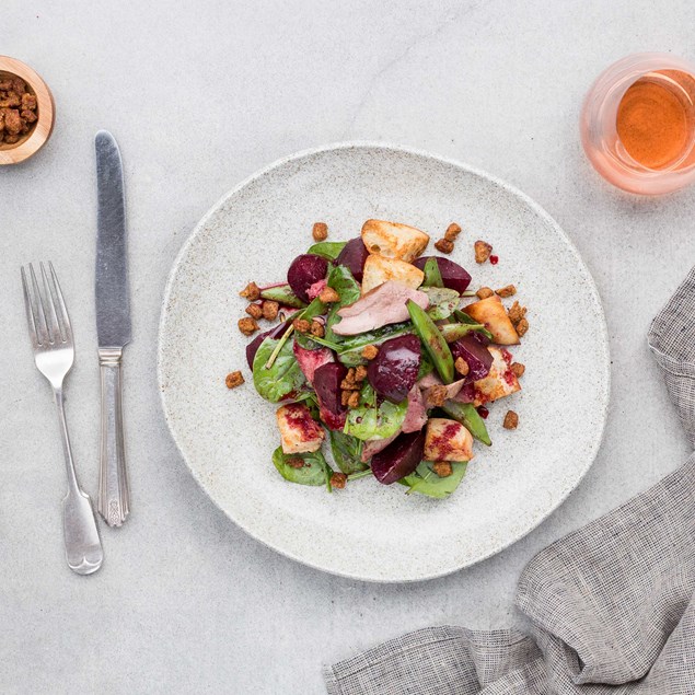 Crispy Duck Salad with Ciabatta Croutons and Glazed Beetroot