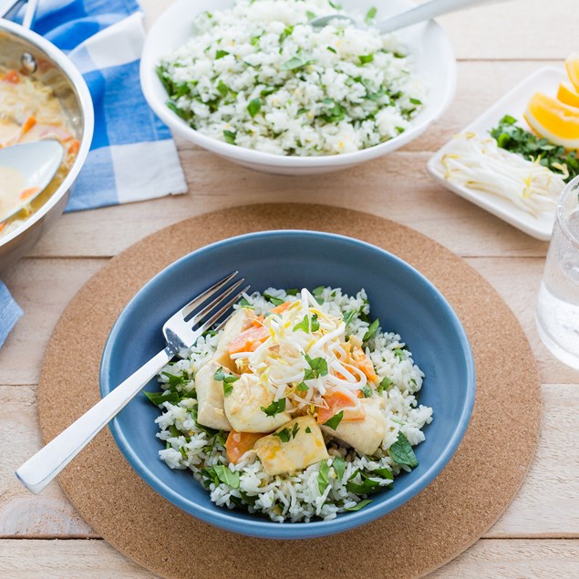 Fish Laksa with Lemon Spinach Rice
