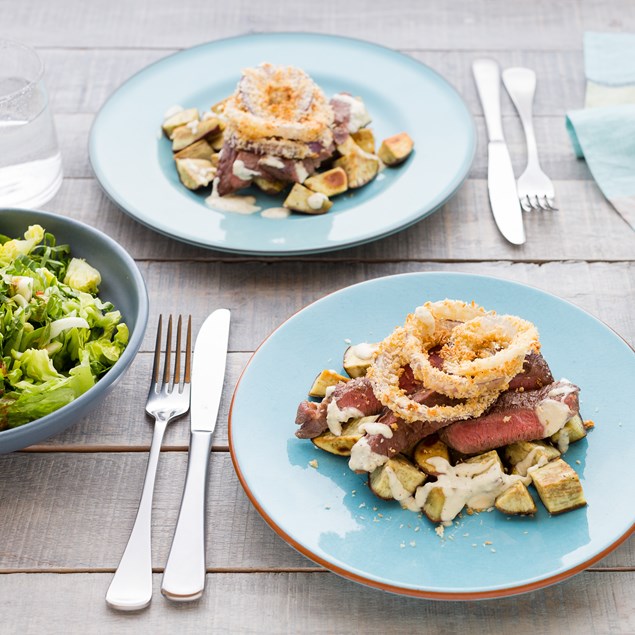 Beef Rump with Onion Rings and Bok Choy Salad