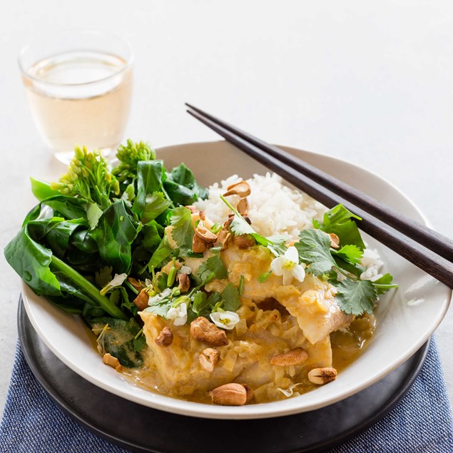 Laksa Poached Fish with Coconut Rice and Choy Sum