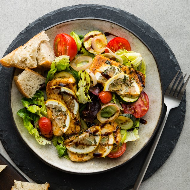 Lemon Baked Haloumi with Burst Cherry Tomatoes & Focaccia