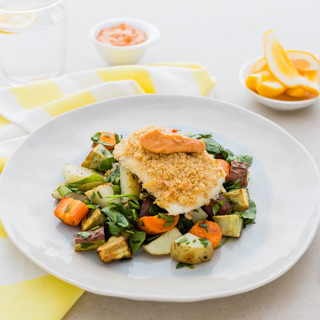 Cashew Lemon-Crumbed Fish with Sundried Tomato Mayonnaise