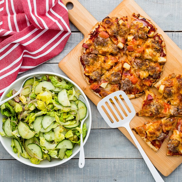 Cumberland Sausage and Apple Pizzas with Cos Salad