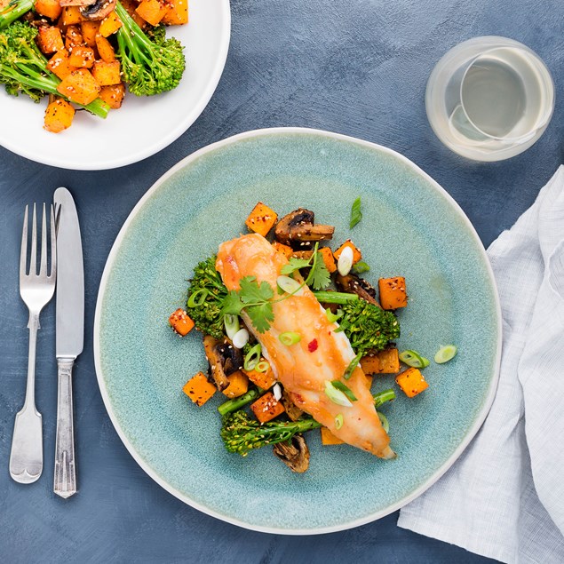 Chilli and Miso Glazed Fish with Sesame Roasted Vegetables 