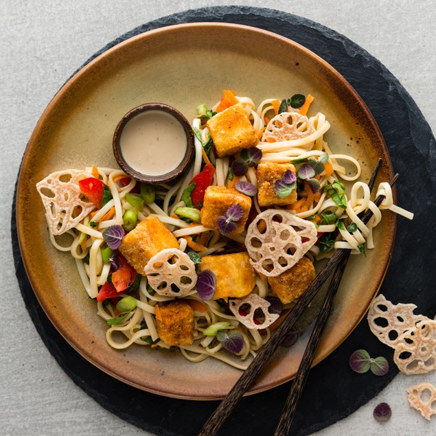 Double Dredged Tofu with Udon Noodles and Lotus Chips 