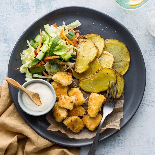 Popcorn Fish Bites with Potato Rounds and Aioli