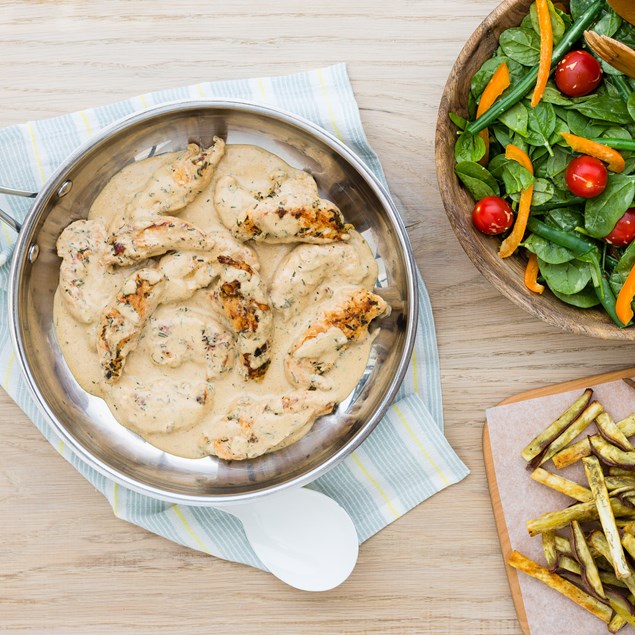 Tarragon Chicken with Kumara Chips and Bean Salad