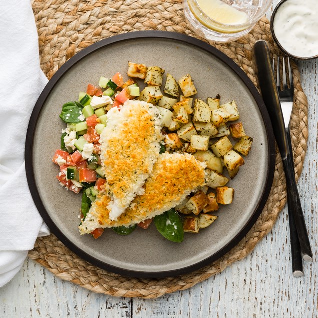 Oregano Crumbed Fish with Feta Salad