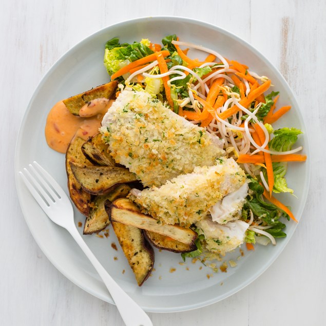 Crumbed Fish with Kumara Wedges