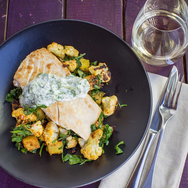 Pan-Fried Fish with Masala Roast Potatoes, Cauliflower and Coriander Mint Yoghurt