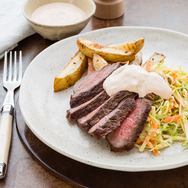 Beef Scotch with Chilli Salt Chips and Peanut Slaw