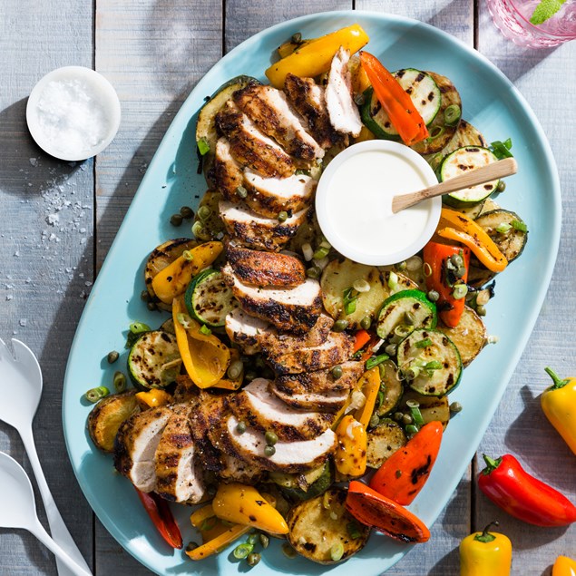 Marinated Chicken Thighs with Mediterranean Vegetable Salad