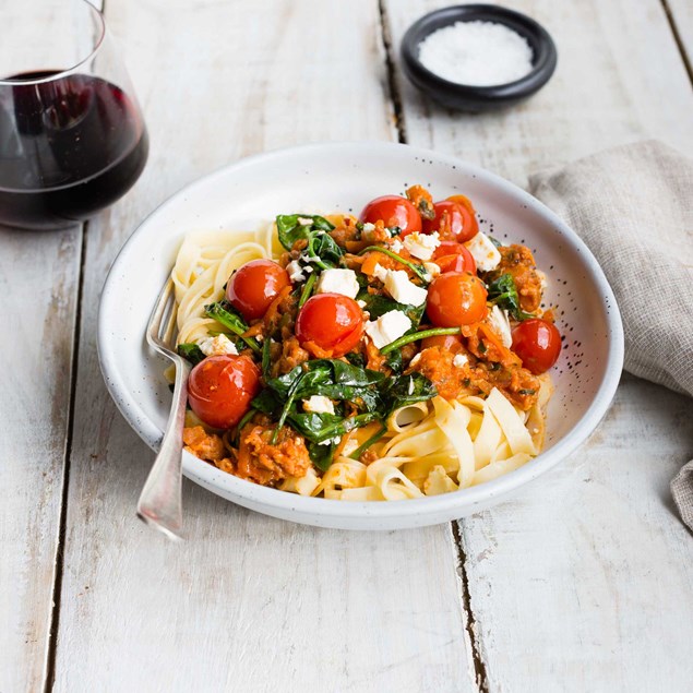 Chicken, Bacon and Silverbeet Tagliatelle with Crumbled Feta