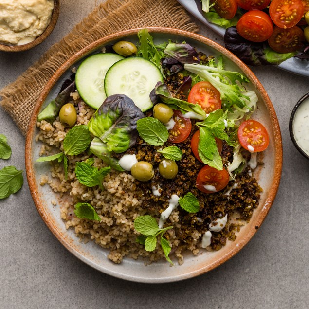 Greek Falafel Mezze Plates with Hummus, Bulgur Pilaf & Olives