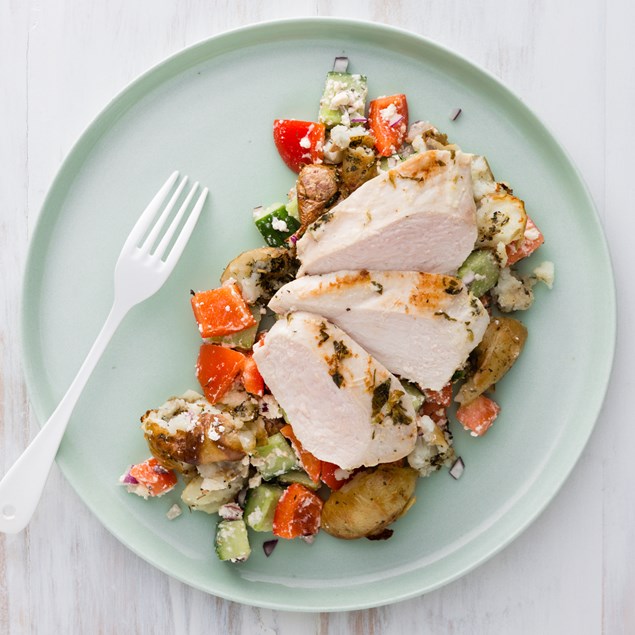 Oregano-Baked Chicken with Baby Roasties and Greek Salad