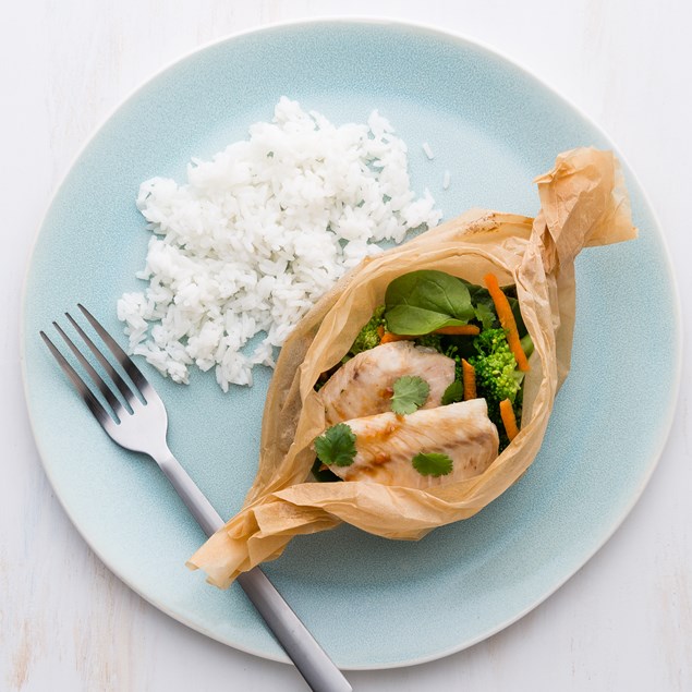 Asian Steamed Fish & Vegetable Parcels with Rice