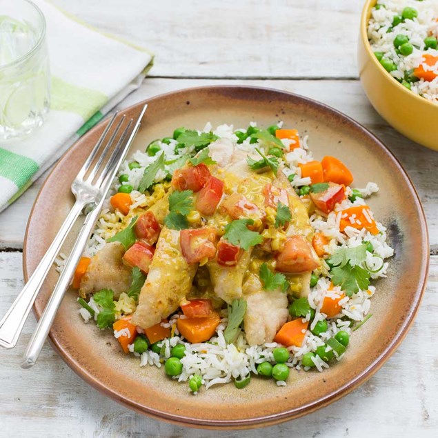 Pan-Fried Fish with Coconut Curry Sauce and Veggie Rice