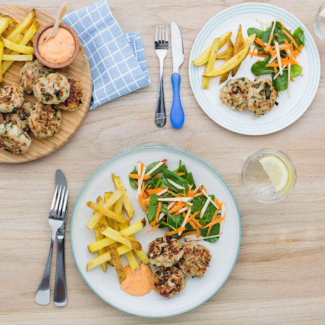 Turkey and Apple Rissoles with Chips and Salad