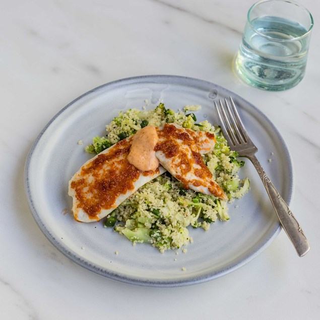 Pesto Fish with Green Veggie Couscous and Pesto Mayo