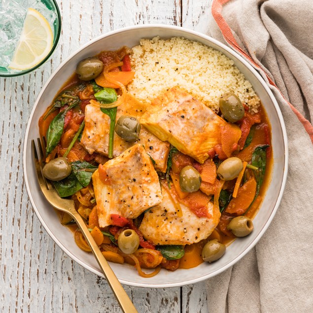 Moroccan Fish Tagine with Couscous & Green Olives
