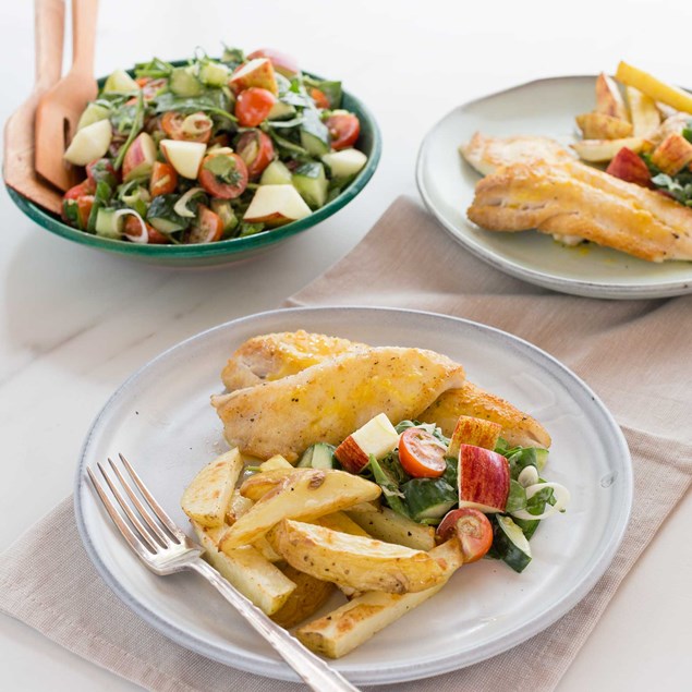 Lemon Fish with Potato Chips and Apple, Cucumber, Tomato Salad