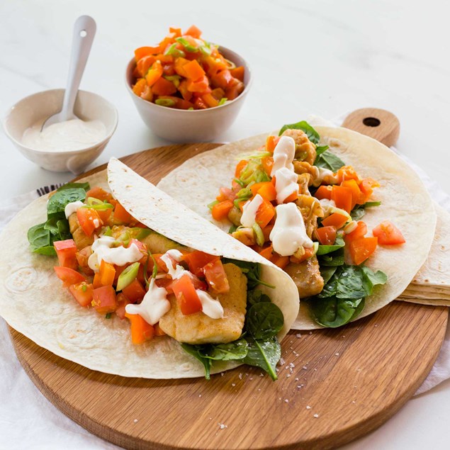 Fish Tacos with Veggie Salsa and Lemon Mayo 
