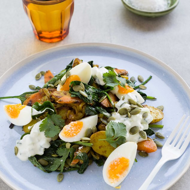 Curried Potato and Egg Salad with Spinach and Cucumber Yoghurt