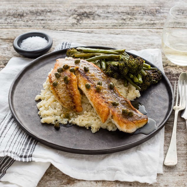 Crispy-Skinned Fish with Cauliflower Parsnip Purée, Roast Vegetables and Lemon Caper Sauce 