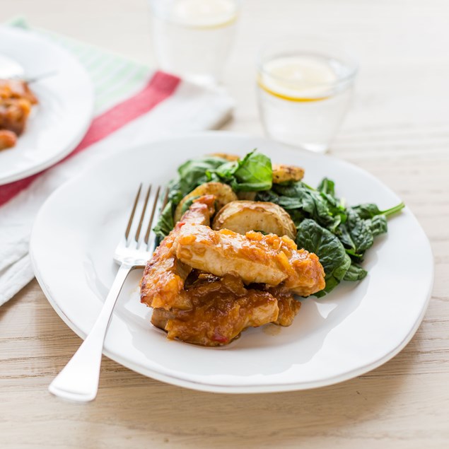 Pineapple-Glazed Pork with Spiced Potatoes and Greens