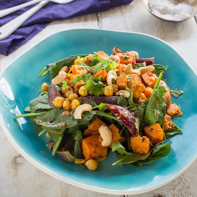 Caramelised Kumara and Chickpea Spinach Salad with Kaffir Lime and Cashews